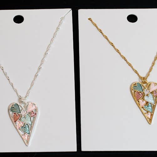 Multi Coloured Hearts Inside Large Metal Heart Necklace for wholesale by Western Counties Wholesale