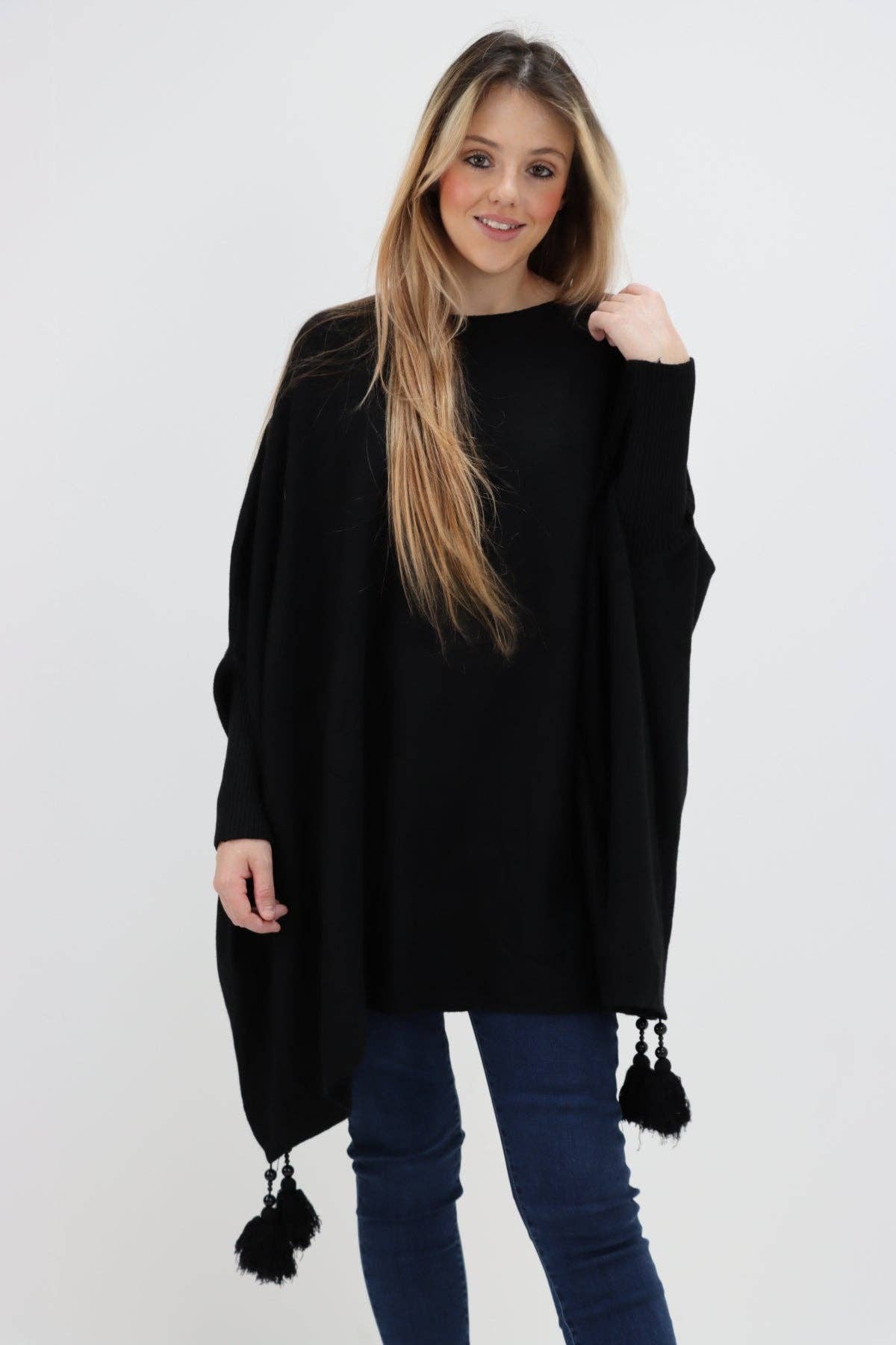 Miss Bold - Wholesale Poncho - Women's - Italian Plain Batwing Sleeves Tassels Tunic Poncho5