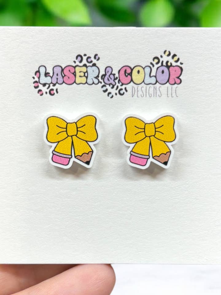 Teacher Earrings, Pencil Earrings, Bow Earrings for wholesale by Laser & Color Designs LLC