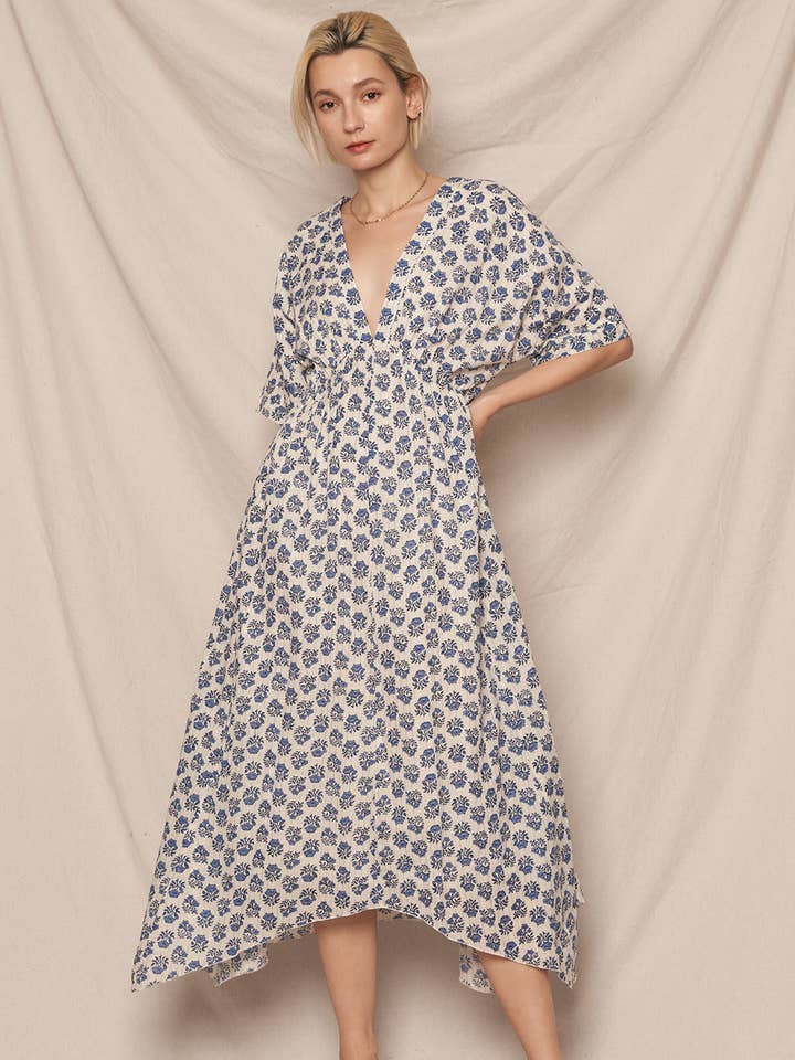 Printed V-Neck Kimono Sleeve Midi Dress with Lurex Detail for wholesale by En Crème