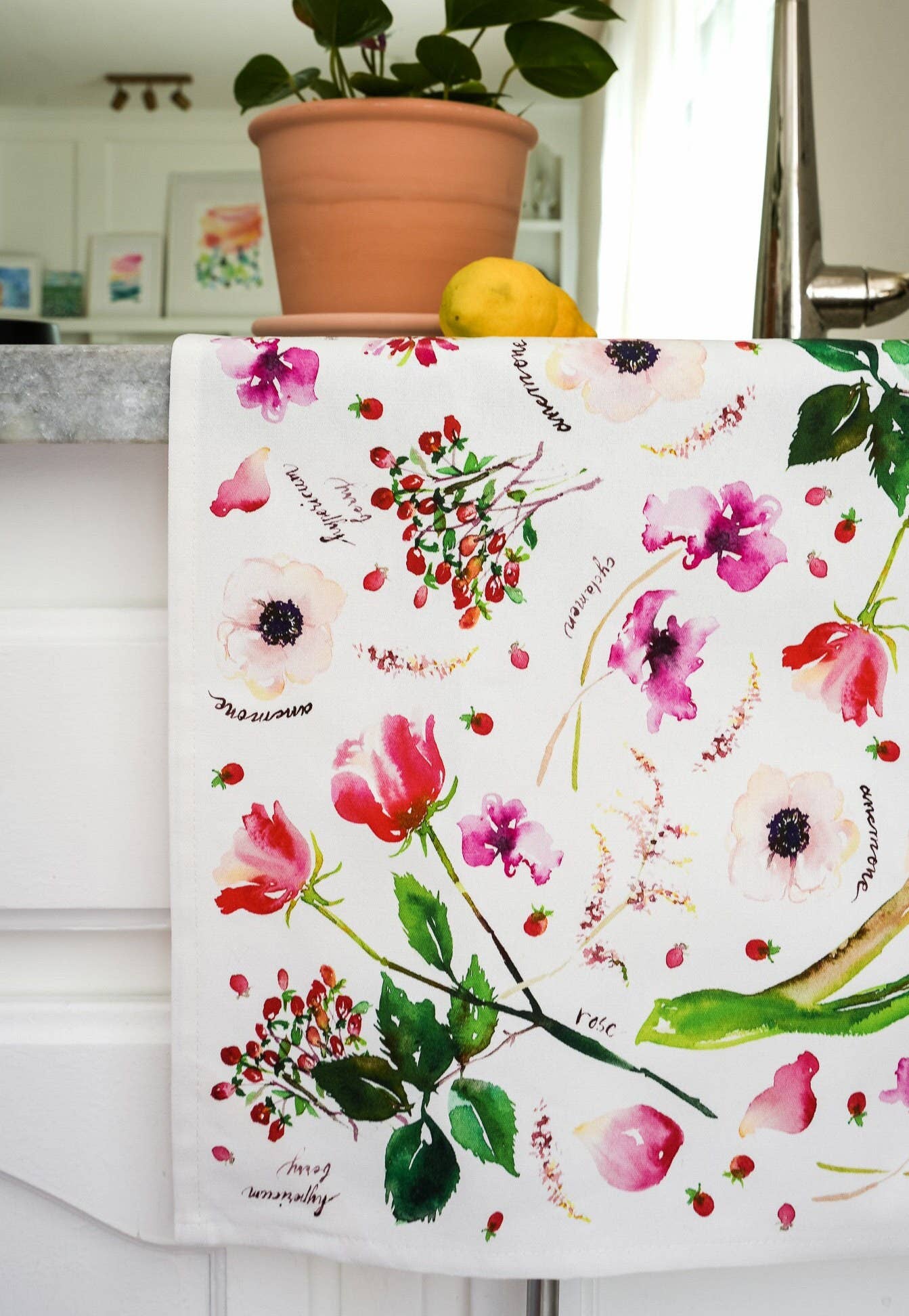 Jean Choe Art & Design - Wholesale Tea Towel - Botanical Rainbow (Red) Kitchen Tea Towel. Floral Tea Towel.5