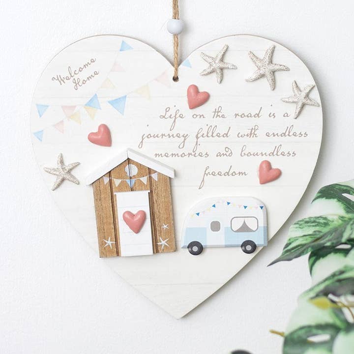 Life on the Road Shell Caravan Hanging Heart for wholesale by Something Different Wholesale