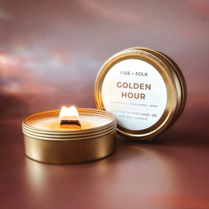 Golden Hour | 4oz Wood Wick Soy Candle Tin for wholesale by FIRE + FOLK