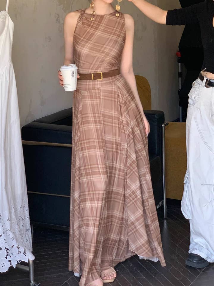 Khaki Brown Plaid Modern Love Retro French Chic Sleeveless Maxi Dress for wholesale on Faire11