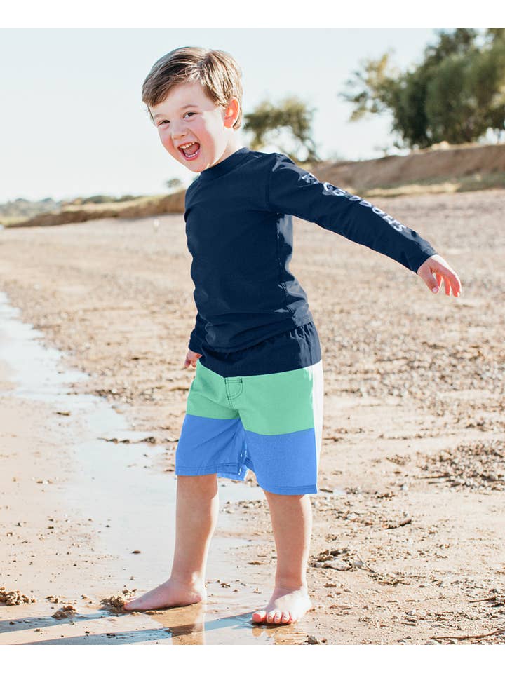 RuffleButts + RuggedButts - Wholesale Swim Shorts - Kids - Boys Mint & Blue Color Block Swim Trunks
