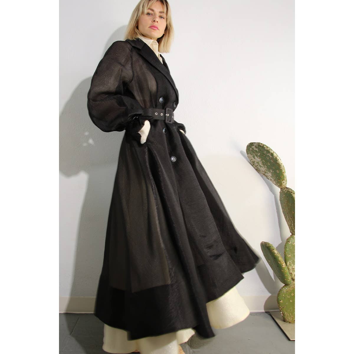 BLACK METALLIC ORGANZA TRENCH COAT for wholesale on Faire28