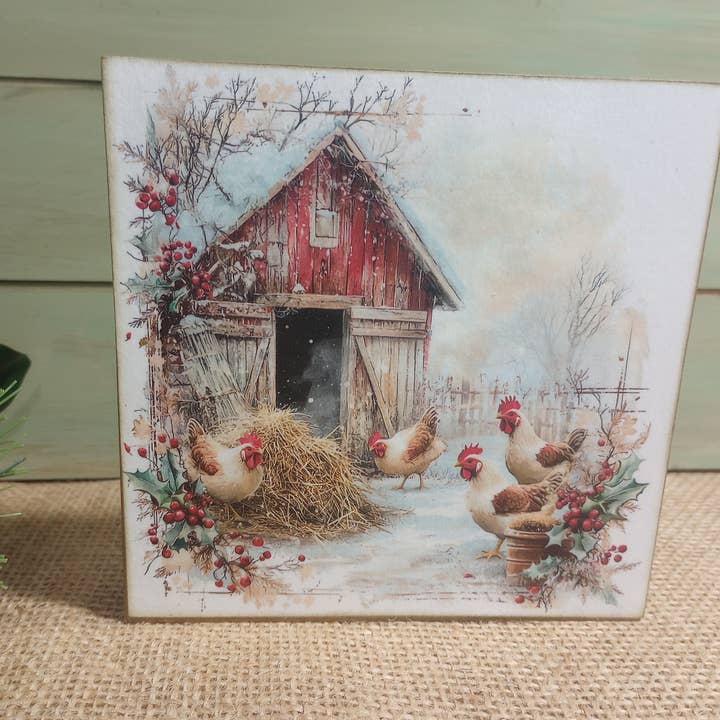 Christmas Barnyard Wood Block Sign - Winter Chickens for wholesale by Bluegrass Burlap Co