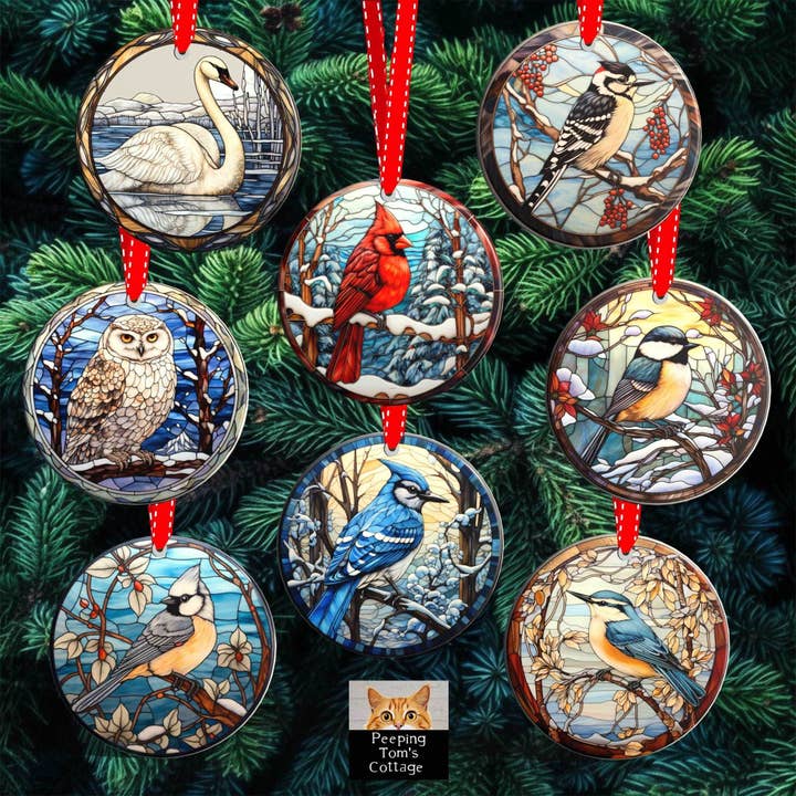 Peeping Tom's Cottage - Wholesale Ornament Set - Avian Elegance - Winter Birds of North America Collection of Stained Glass styled Porcelain Ornaments for Festive Decor
