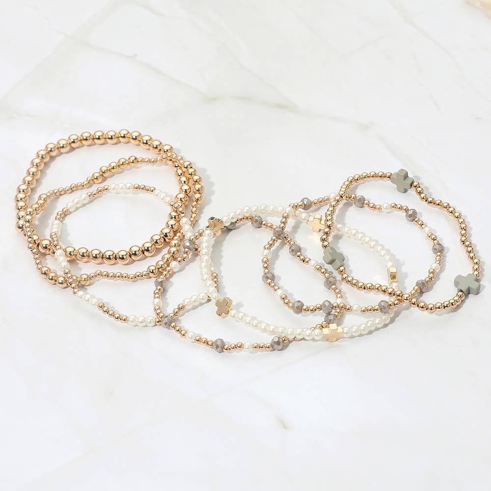 Sensibling Corp. - Wholesale Jewelry Set - 7PCS - Cross Pearl Metal Ball Beaded Stretch Multi Layered Bracelets3