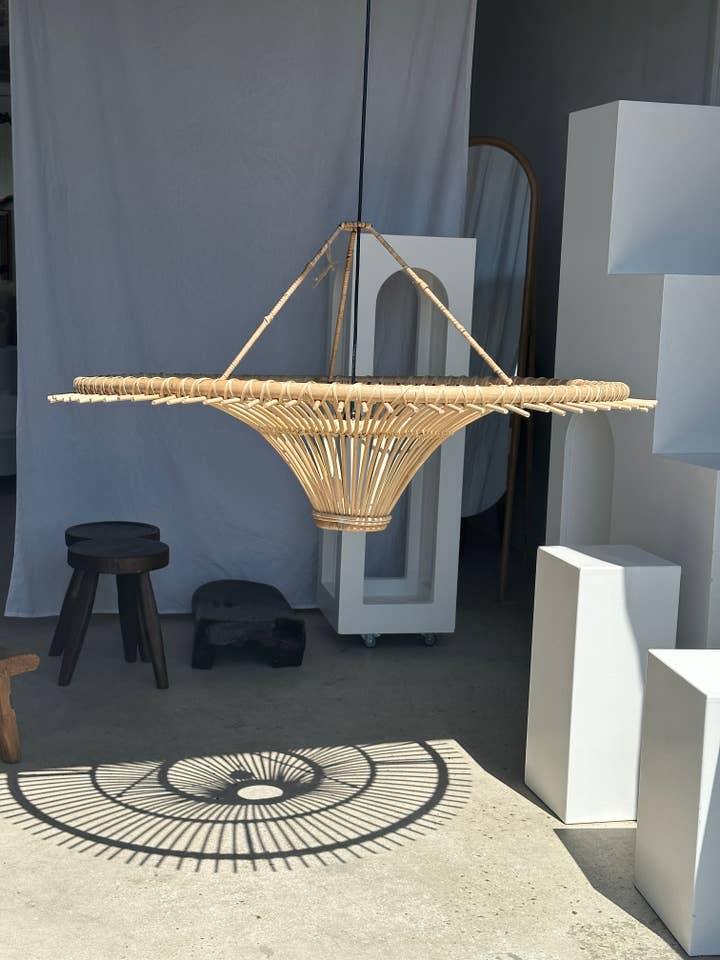 Large rattan saucer pendant light with iron frame D:120 H:60 for wholesale by Office Objets