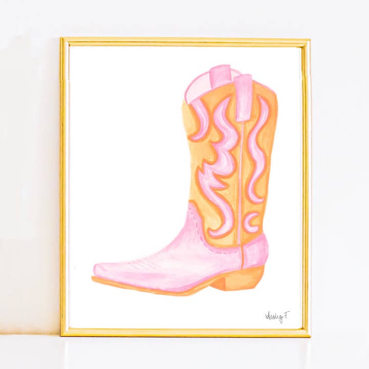 Print | Pink & Orange Cowboy Boot | Cowgirl Art | Dorm Decor | Southern | Preppy | Western | Coastal Cowgirl | Pink and Orange Wall Art for wholesale by Shop Art by Audrey