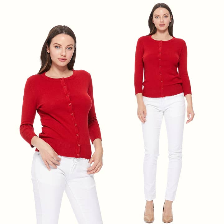Mak - Wholesale Cardigan - Women's - 3/4 Sleeve Crewneck Plus Size Knit Cardigan Sweater CO079PL