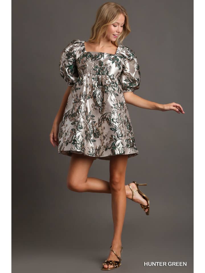 Vanilla Monkey - Wholesale Dress - Women's - Metallic Jacquard Floral Print Foil Balloon Sleeve Dress