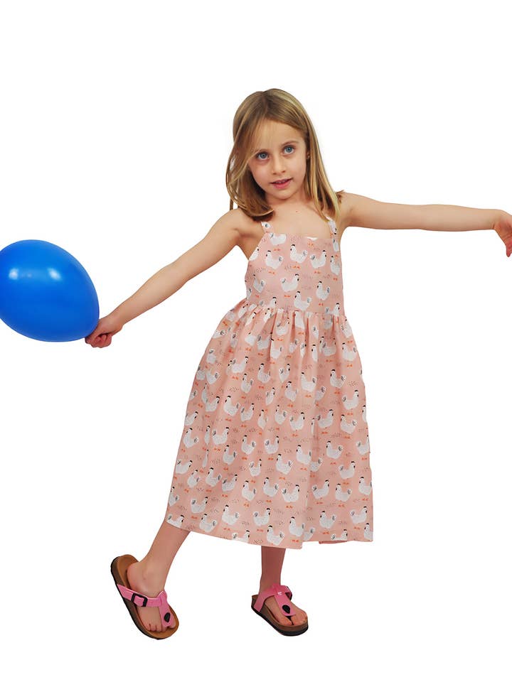 Robe à dos ouvert à imprimé oiseaux faite à la main pour filles pour la vente par Kalimera Clothing Athens