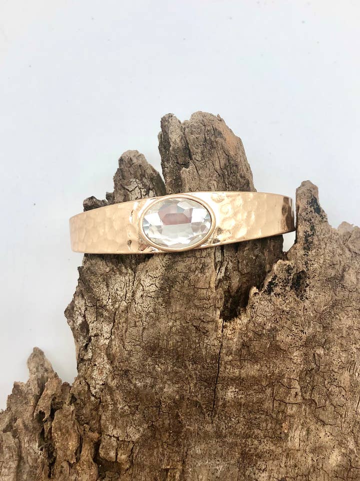 Bracelet Cuff Thick Oval Clear Glass Matte Gold Hinge for wholesale by Rant & Rave Classic