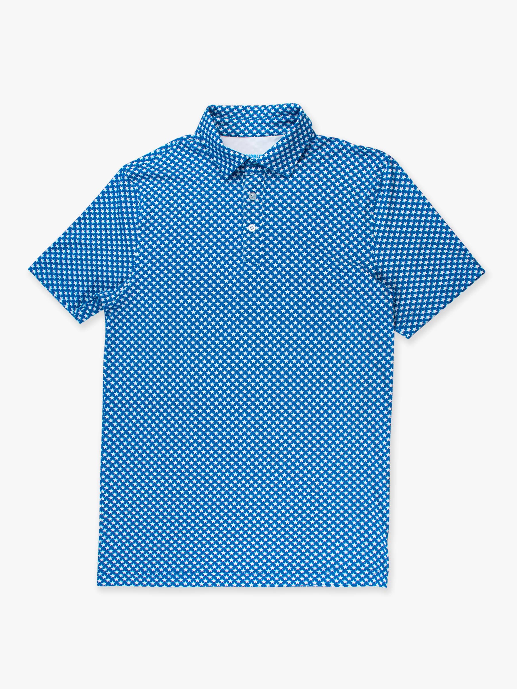 RuffleButts + RuggedButts - Wholesale Athletic Top - Men's - Men's Tiny Blue Stars Knit Short Sleeve Performance Polo1