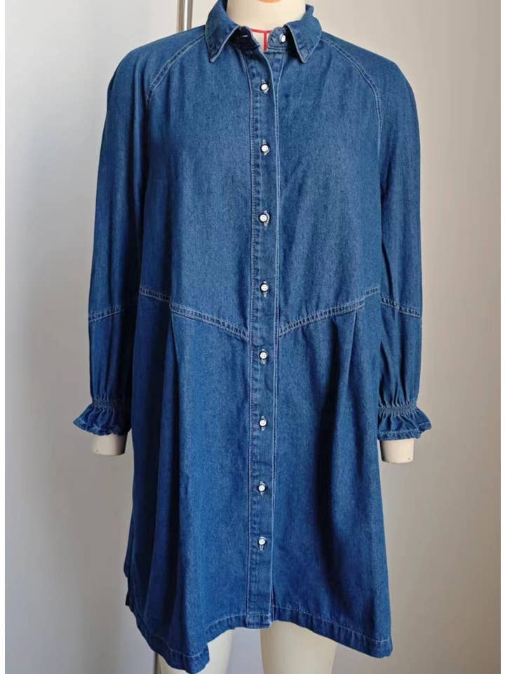 HIDDENBRAND - Wholesale Dress - Women's - Loose-Fitting Long-Sleeved Panelled Denim Dress9