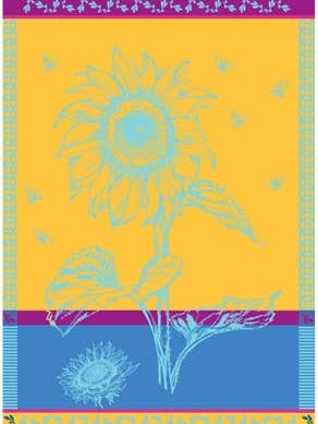 Grand torchon en jacquard de tournesol jaune turquoise pour la vente par Mierco European Linens