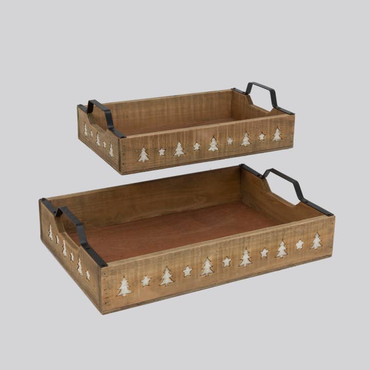 The Gerson Companies - Wholesale Decorative Tray - S/2 Nested Wood Trays w/ Metal Handles, Lg is 16.1"L (UPC Br