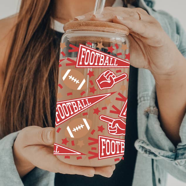 Football | UVDTF | 20 oz Libbey Can Glass with Bamboo Lid & Straw for wholesale by SKS Design Studio