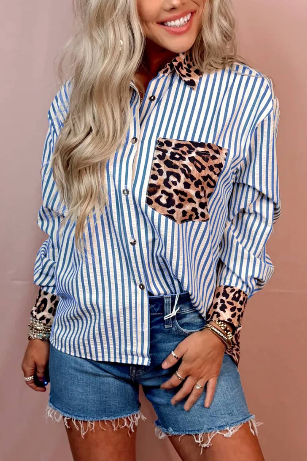 66DISCO - Wholesale Button Down Shirt - Women's - Spring 2026 Chic Contrast Leopard & Stripes Button Shirt0