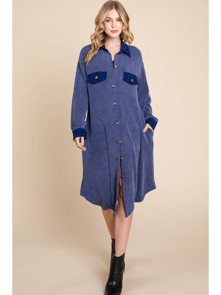 Navy Blue ETK-8869 Solid Urban Rib Long Shacket for wholesale on Faire2