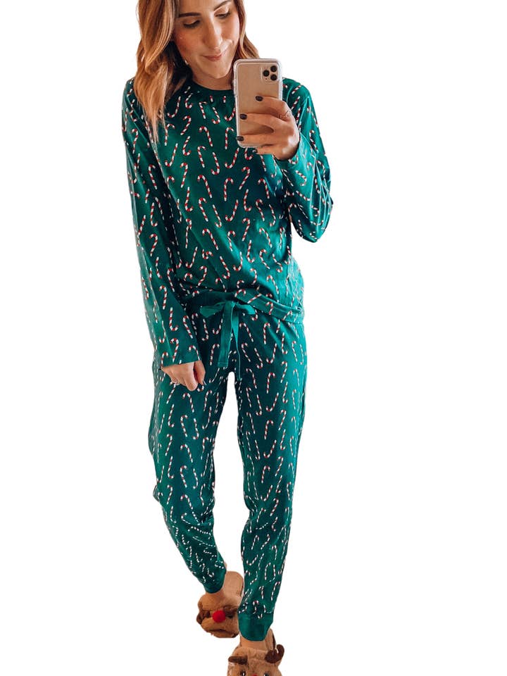 Green Christmas Candy Cane Printed Top and Pants Lounge Set for wholesale on Faire15