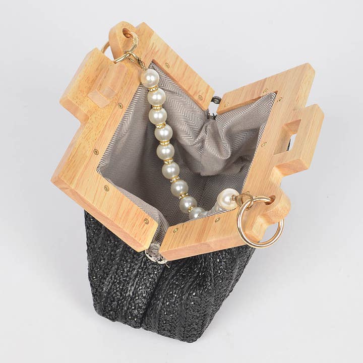 3AM BY H&D ACCESSORIES - Wholesale Clutch Bag - Women's - Faux Straw Wood Frame Clutch W/ Faux Pearl Chain