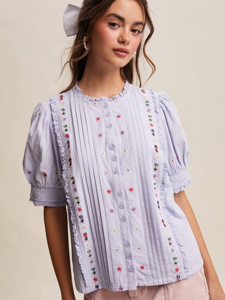 Embroidered Pintuck Puff-Sleeve Blouse LT1451 for wholesale by Listicle