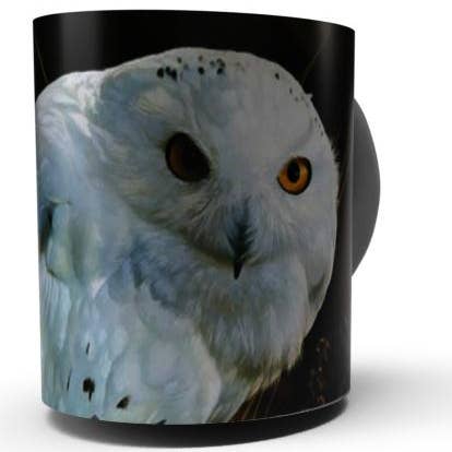 "AMBER GAZE" SNOWY OWL COFFEE MUG-Art by Carl Brenders for wholesale by Natures Window