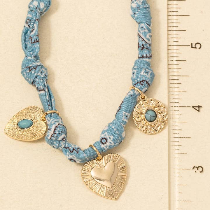 Stone Set Heart And Coin Charms Paisley Bandana Knotted Necklace for wholesale by Anarchy Street