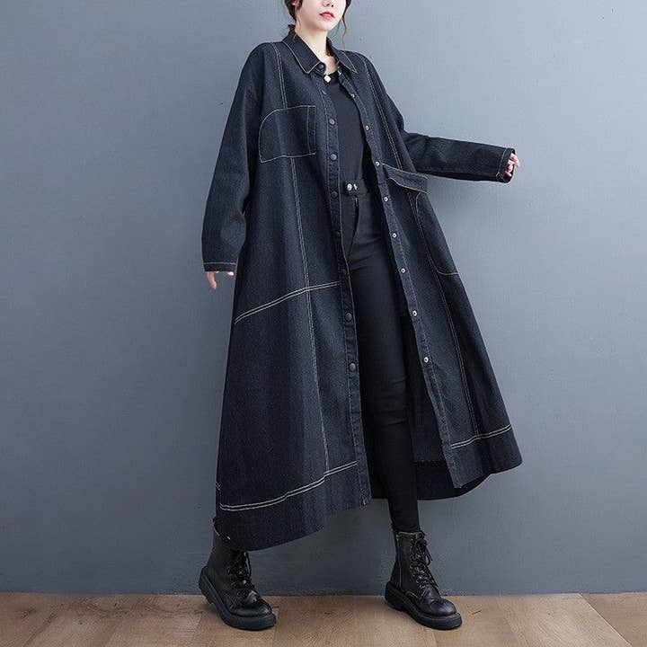 OceanusSwim – wholesale Trench coat – Women’s – Color Block Long Denim Trench Coat