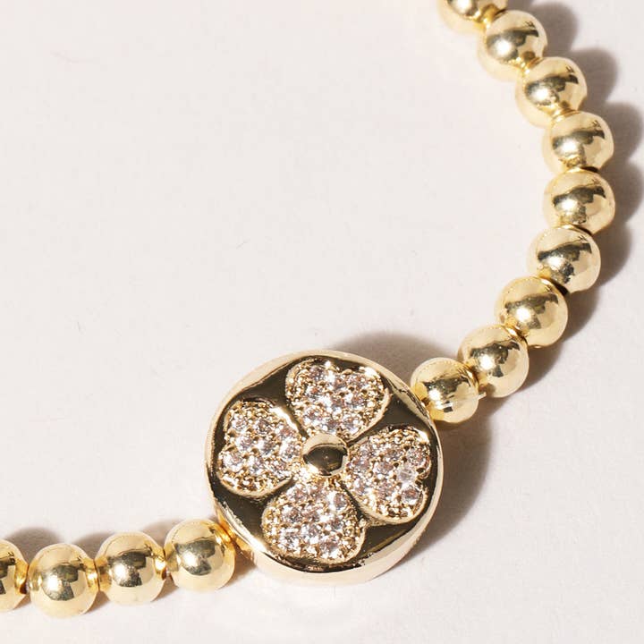 G Pave CZ Clover Gold Beaded Bracelet for wholesale on Faire2
