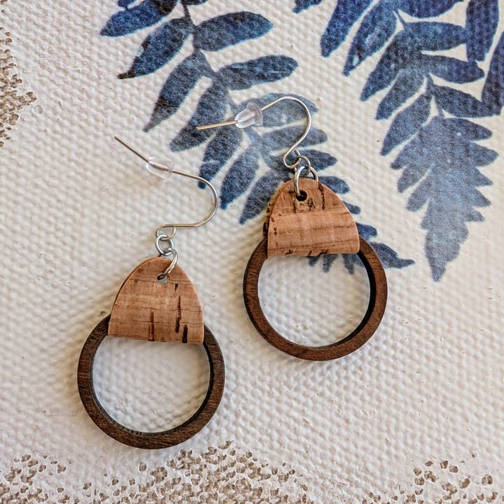Cork Earrings-Wood Hoop w/Natural cork for wholesale by KORK & Inspired by KORK