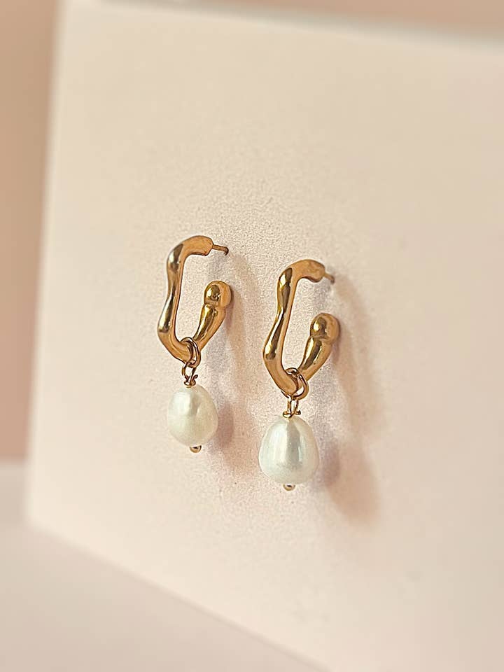 Waterproof Gold Freshwater Pearl Dangle Earrings for wholesale by terracottaandsun