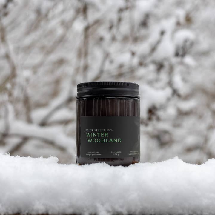 James Street Co. – wholesale Burkljus – Vinter Skogsland - Kokosvax 8oz Ljus | Frisk Träig Mysk - Helg Vinter Jul1