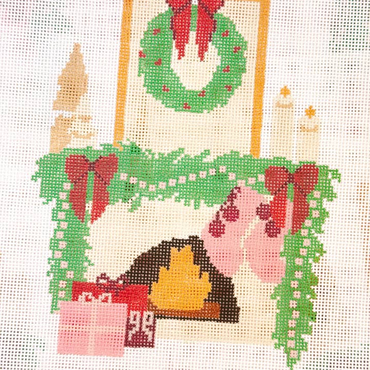 Cotswold Co Designs - Wholesale Embroidery/Cross Stitch Supplies - Hand Painted Christmas Fireplace Needlepoint Canvas 8” Needlepoint Canvas 18 Mesh  Needlepoint Canvas Christmas Hand Painted3