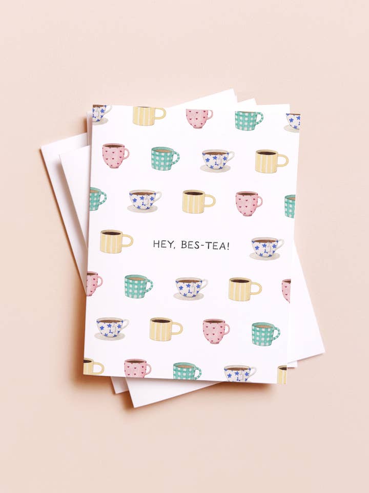 Hey Bes-tea — Cozy Tea Pun Friendship Card for wholesale by Amy Zhang