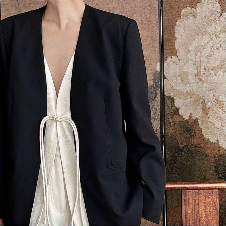BLACK Chic Chinese Jacquard Lapel Blazer with Faux Two-Piece Design for wholesale on Faire