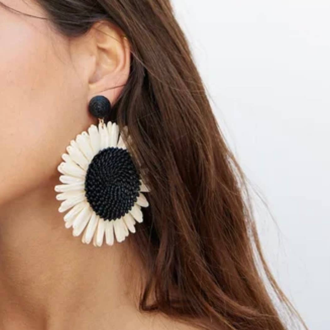 Nicholls Jewellery - Wholesale Dangle Earrings - Boho Woven Black and White Sunflower Earrings6