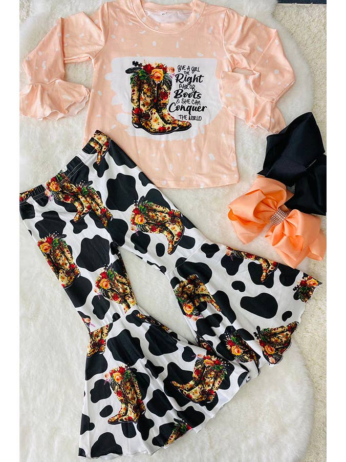 luluclothes - Wholesale Top & Pant Set - Kids - Western boots printed pink top & pant girls set DLH2695