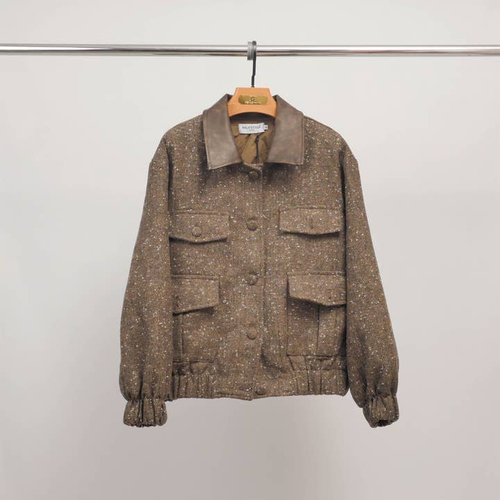 Short tweed jacket with leather collar MJ266385 for wholesale by Cecile Wang