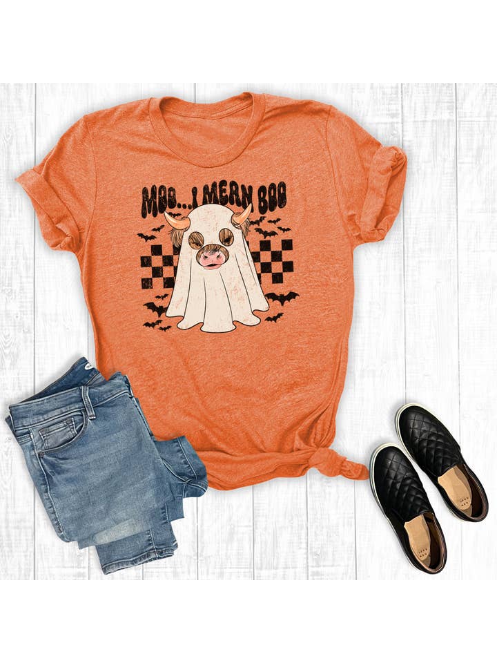 Orange Halloween Ghost Cow Moo I Mean Boo Graphic Tee for wholesale on Faire