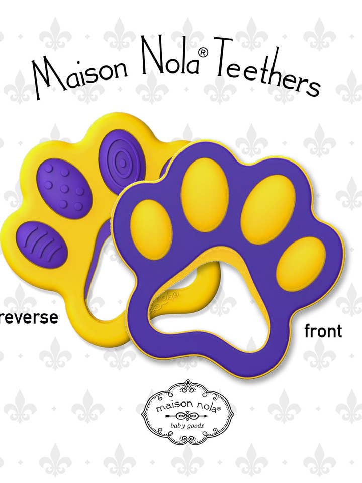 LSU Louisiana Silicone Tiger Paw baby teether for wholesale by Maison Nola Baby