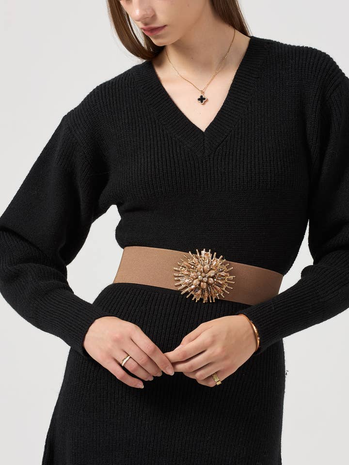 Elastic belt with gold buckle and rhinestones C-23182 for wholesale by PHANIE MODE