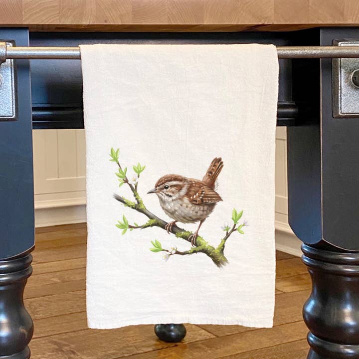 Wren on Spring Branch - Oil Paint - Cotton Tea Towel for wholesale by North & Pine