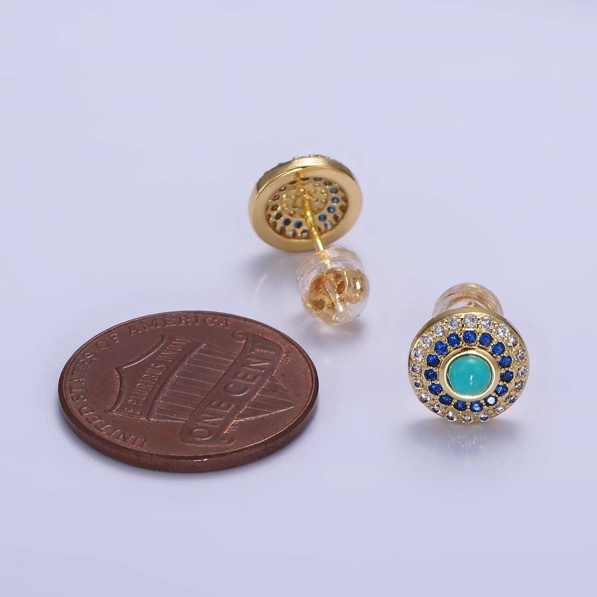 Aim Eternal - Wholesale Stud/Post Earrings - 14K Gold Filled Turquoise Gemstone Micro Paved CZ Round Stud | P4733