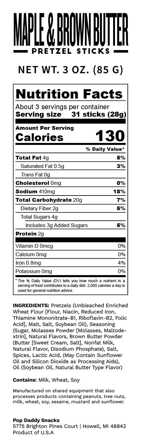 Pop Daddy Snacks - Vente Bretzels - Bretzels assaisonnés au sirop d'érable et au beurre noisette 85 g2