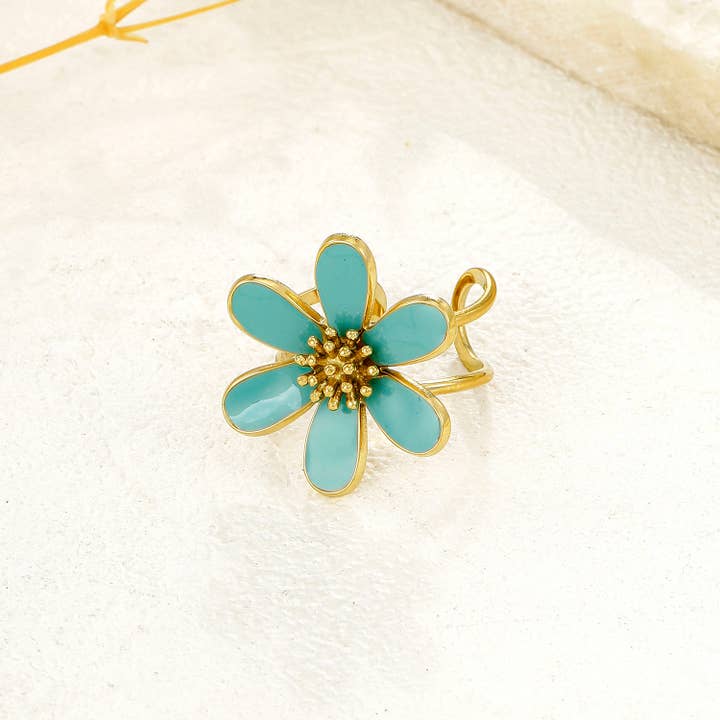 Bague dorée marguerite bleue 6 pétales pour la vente par joya