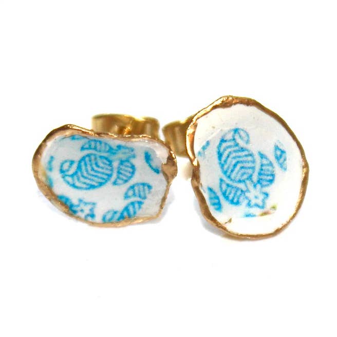 Indian and Oilcloth Decoupage Oyster Shell Earrings for wholesale by FizzCandy Jewelry